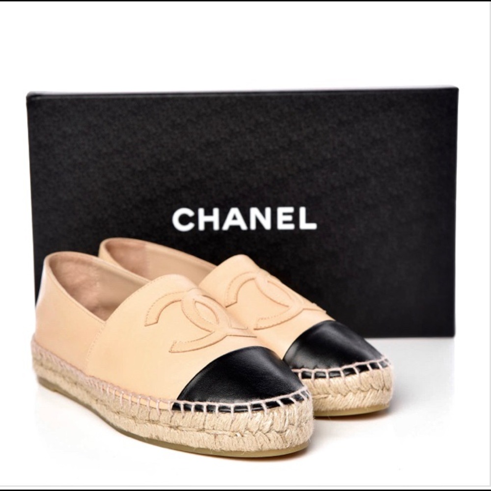 CHANEL Lambskin CC Espadrilles 37 Beige/Black